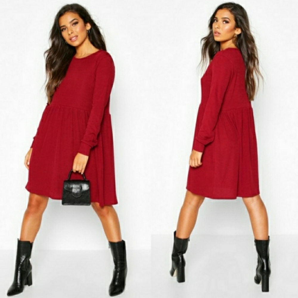 Boohoo Burgandy Red Wine Maroon Long Sleeve Ribbed Babydoll Dress US 12 L / XL